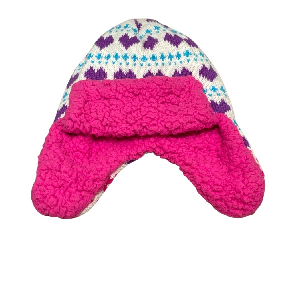 Girl Kids' Pink and Purple Heart Patterned Winter Hat